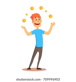 Young man character juggling with orange balls, circus or street actor colorful cartoon detailed vector Illustration