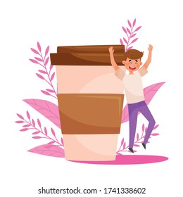 Young Man Character Jumping with Joy Near Huge Coffee Cup with Floral Backdrop Vector Illustration