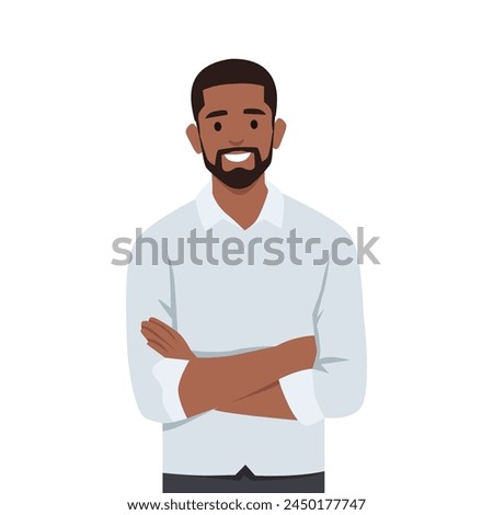 Young man character keeping arms crossed. Businessman standing with folded arms pose. Flat vector illustration isolated on white background