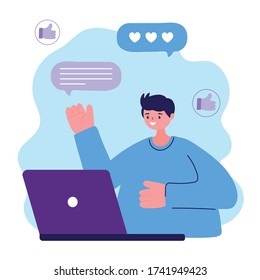 young man character with laptop talk bubble chatting vector illustration