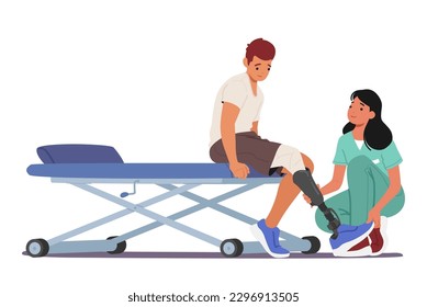 Young Man Character With Leg Prosthesis Undergoes Rehabilitation. Physical Therapy, Exercises, And Mobility Training Help Him Regain Strength And Balance. Cartoon People Vector Illustration