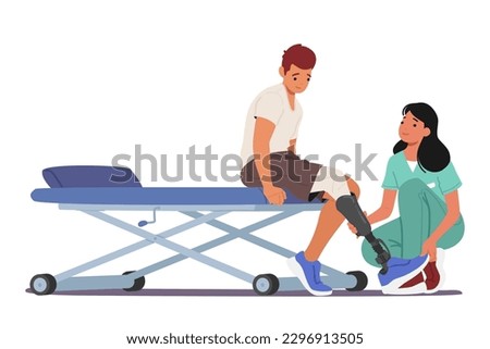 Young Man Character With Leg Prosthesis Undergoes Rehabilitation. Physical Therapy, Exercises, And Mobility Training Help Him Regain Strength And Balance. Cartoon People Vector Illustration