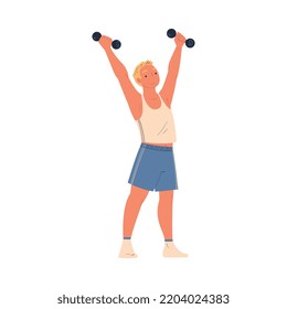 Young Man Character Lifting Dumbbell Doing Sport at Home Vector Illustration