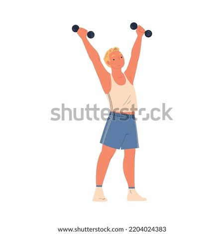 Young Man Character Lifting Dumbbell Doing Sport at Home Vector Illustration