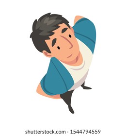 Young Man Character Looking Up, View from Above Vector Illustration