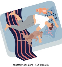 Young man character is lying on back between pets and sound asleep. Guy, cat and dog sleep deeply on one bed. Sleeping control concept. Flat Art Vector illustration