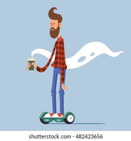 Young man character on hoverboard with cup of coffee isolated vector illustration. Hipster on gyro scooter.