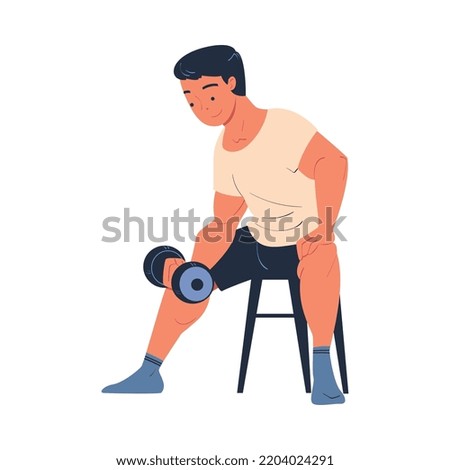 Young Man Character on Stool Lifting Heavy Dumbbell Doing Sport at Home Vector Illustration