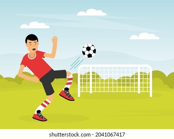 Young Man Character Playing Football Doing Sport and Physical Exercise Vector Illustration