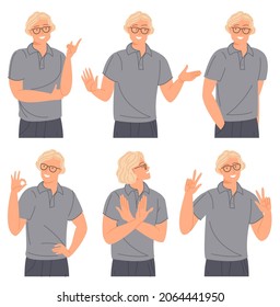 Young man character poses, emotions and gesture set. Happiness, fear, surprise, consent and refusal. Positive and negative feelings.