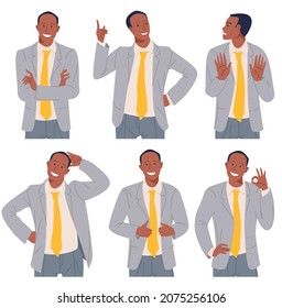 Young man character poses, emotions and gesture set. Happiness, fear, surprise, consent and refusal. Positive and negative feelings.