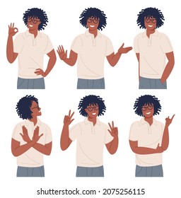 Young man character poses, emotions and gesture set. Happiness, fear, surprise, consent and refusal. Positive and negative feelings.