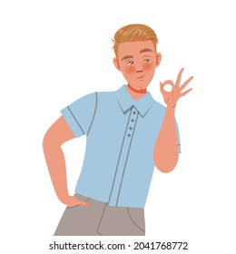 Young Man Character Posing for Selfie Smiling for the Camera and Showing Ok Gesture Vector Illustration