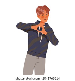 Young Man Character Posing for Selfie Smiling for the Camera and Showing Heart Hand Gesture Vector Illustration