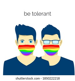 Young man character in protection face mask. lgbt pride colors. Tolerance concept. Vector