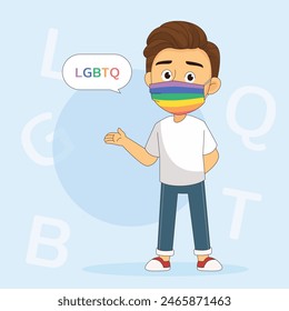 Young man character in protection face mask LGBTQ