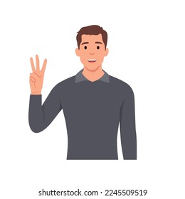 Young man Character raise his hand to show the count number 3. Flat vector illustration isolated on white background