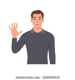 Young man Character raise his hand to show the count number 5. Flat vector illustration isolated on white background