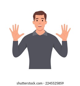 Young man Character raise his hand to show the count number 10. Flat vector illustration isolated on white background