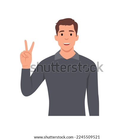 Young man Character raise his hand to show the count number 2. Flat vector illustration isolated on white background