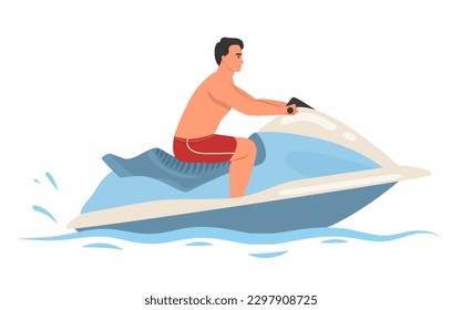 Young man character riding on water bike jet vector illustration. Male person tourist enjoying resort beach activities. Summer vacation leisure, extreme water sports recreation concept