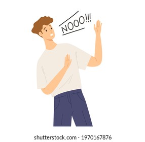 Young Man Character Say No Gesture. Concept Of Denial, Rejection, Refusal, Not Okay. Flat Vector Illustration Cartoon.