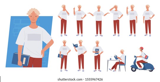 Young man character set. Student holding book, Riding scooter, Different poses and emotions. Vector illustration in a flat style