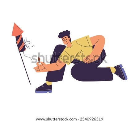 Young Man Character Setting Off Firework Vector Illustration