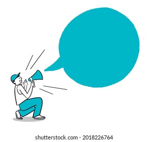 Young man character shout in loudspeaker.