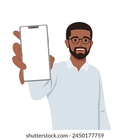 Young man character showing blank mobile, cell phone. Flat vector illustration isolated on white background