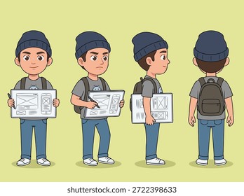 Un personaje de hombre joven mostrado desde las vistas frontal, lateral y posterior, sosteniendo tablas de diseño.