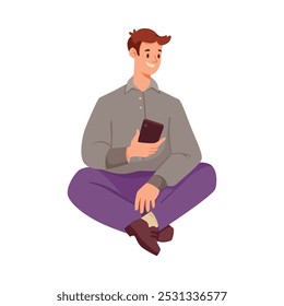 Personaje de hombre joven sentado con piernas cruzadas con Ilustración vectorial de teléfono inteligente