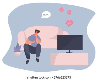 Young Man Charakter Sitting auf Couch in Medical Mask Anschauen der globalen oder Fake News über Coronavirus im Fernsehen zu Hause.
Social Media Networking und Lautsprecher News.Flat Vektorgrafik