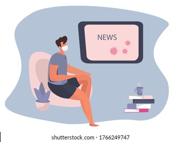 Personaje joven sentado en un sofá en una máscara médica viendo las noticias globales o falsas sobre el coronavirus en una laptop o TV en casa.
Redes de medios sociales y noticias de altavoces.Ilustración vectorial plana
