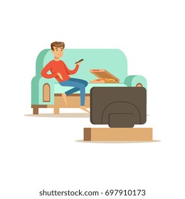 Young man character sitting on a sofa and watching TV, people resting at home vector Illustration