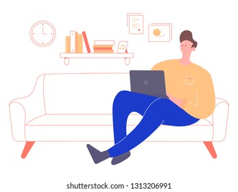 Young man character is sitting in a room on a sofa with a laptop. Internet surfing, online learning, freelancing. Trend vector Illustration.
