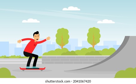 Young Man Character In Skatepark Skateboarding Doing Sport And Physical Exercise Vector Illustration