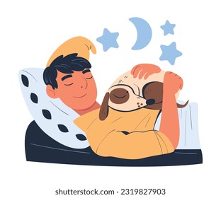 Young Man Character Sleeping with His Favorite Dog Pet Cuddling on His Chest in Bed Vector Illustration