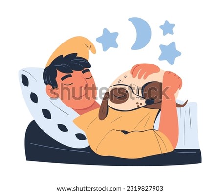 Young Man Character Sleeping with His Favorite Dog Pet Cuddling on His Chest in Bed Vector Illustration