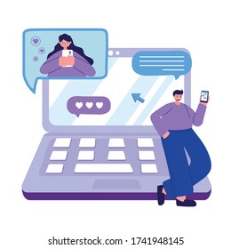 personaje joven con smartphone conversando con ilustración vectorial de mujer