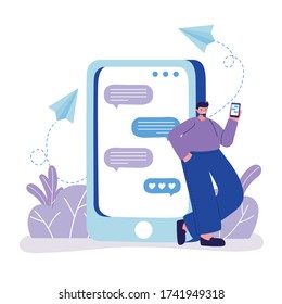 young man character with smartphone communicate chatting vector illustration