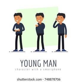 The young man character with a smartphone. flat design