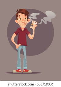 Young man character smoking cigarette. Vector flat cartoon illustration