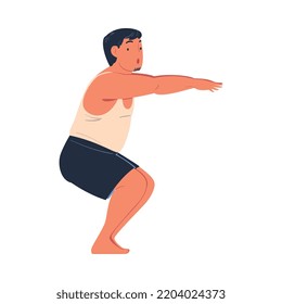 Young Man Character Squatting Doing Sport at Home Vector Illustration