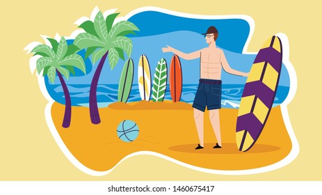 Young Man Character Stand on Beach with Surfing Board Playing Ball on Seaside Landscape with Palm Trees Background. Summertime Leisure, Sport, Vacation Summer Activity Cartoon Flat Vector Illustration