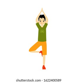 Young man character standing in balance yoga pose cartoon flat vector illustration isolated on white background. Fitness icon to use in sport and healthy lifestyle designs.