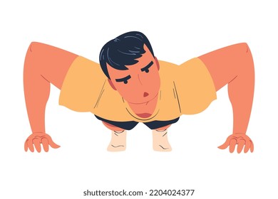 Young Man Character Standing in Plank Doing Sport at Home Vector Illustration