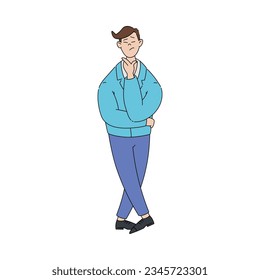 Young Man Character Standing and Thinking Showing Gesture Vector Illustration