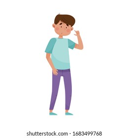 Young Man Character Standing with Thoughtful Expression on His Face Vector Illustration