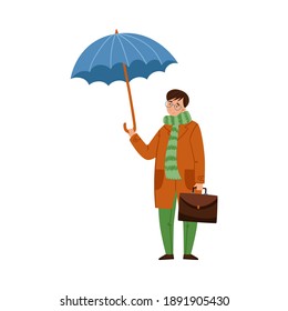 Young Man Character Standing Under Umbrella in Rainy Day Vector Illustration